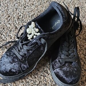 Qupid Black Velvet Sneakers with Pearl Detail